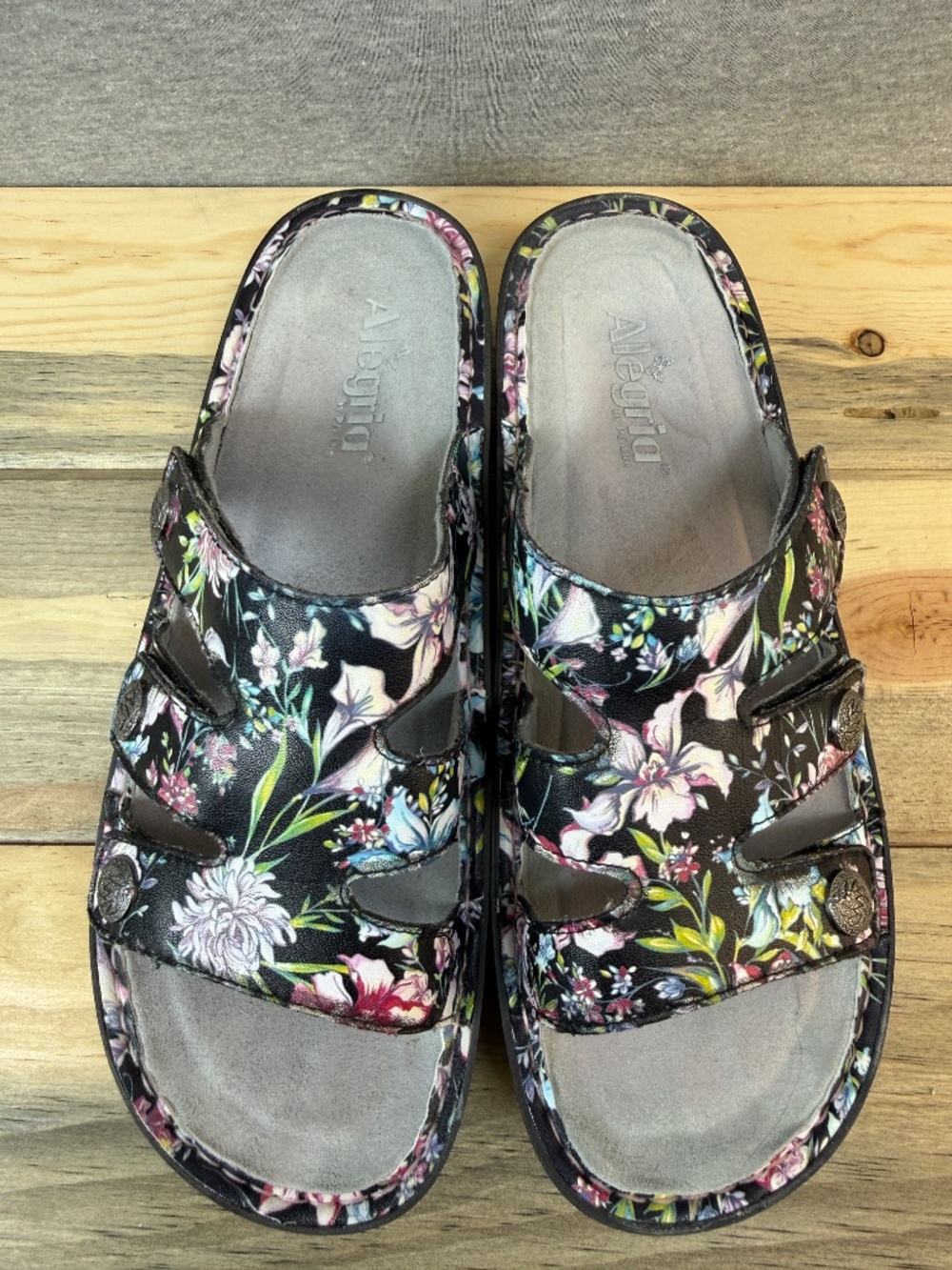 Alegria Leather Floral Sandals Black Butterfly Velcro Closure Size 11 EU 42 - Picture 2 of 16